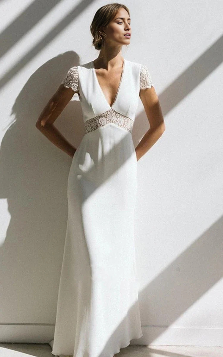 Wholesa Sheath Simple Short Sleeve Empire Floor-Length Sweep Train Chiffon V-neck Wedding Dress
