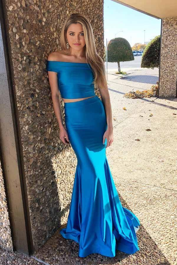 Wholesa Two Piece Mermaid Satin Off The Shoulder Prom Dresses Formal Dress