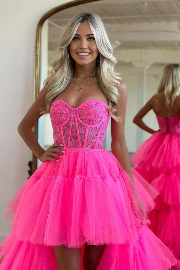 Wholesa Sweetheart Hot Pink High Low Tiered Prom Dress Evening Dress