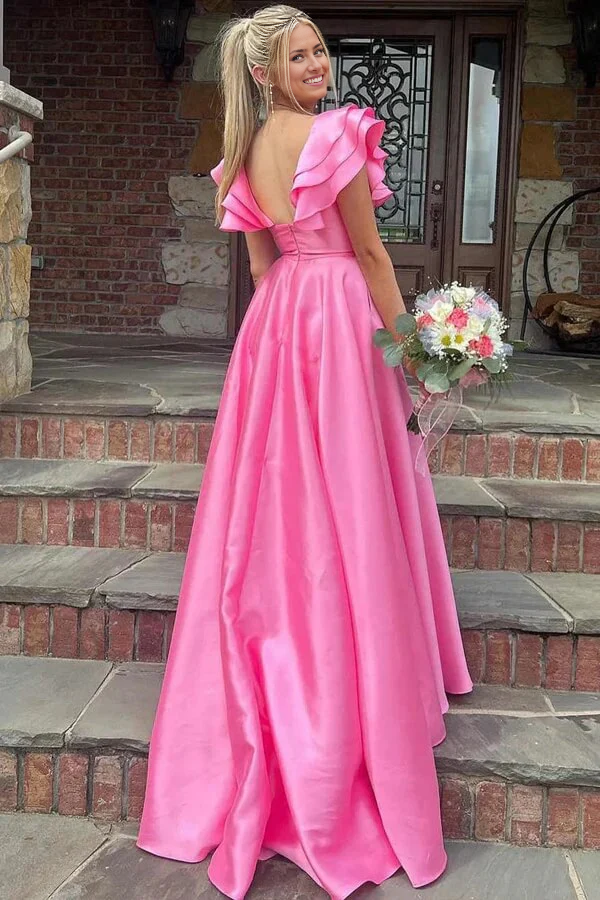 Wholesa A-line V-neck Silky Satin Long Prom Dresses With Ruffles