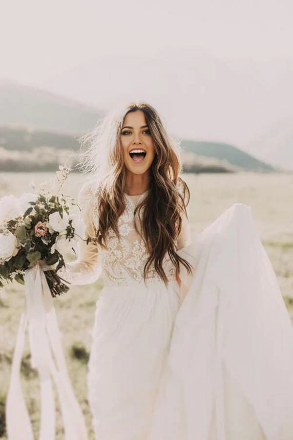 Wholesa A-line Scoop Lace Long Sleeve Rustic Wedding Dresses