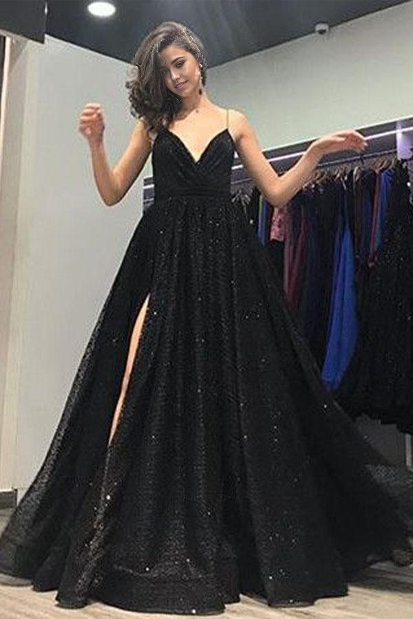 Wholesa A-line V Neck Open Back Split Sequin Black Ball Gown Long Prom Dresses