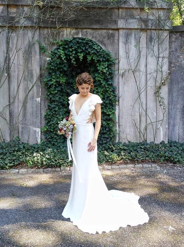 Wholesa Mermaid Cap Sleeves V-Neck Backless Wedding Dress with Ruffles
