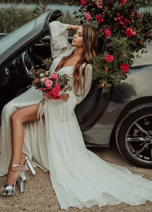 Wholesa A-Line Beach V-Neck Long-Sleeve High Slit Romantic Chiffon Wedding Dresses
