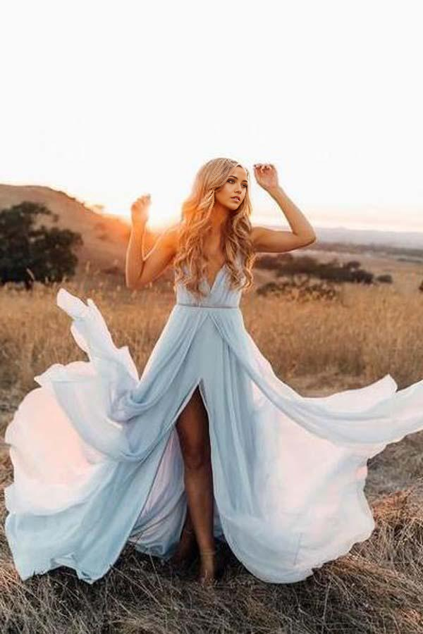 Wholesa Beach Split Sky Blue Rustic Wedding Dresses Wedding Gown with Court Train