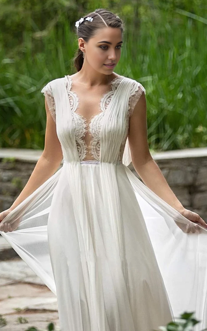 Wholesa A-Line Neckline Chiffon Lace Wedding Dress With Open Back And Pleats