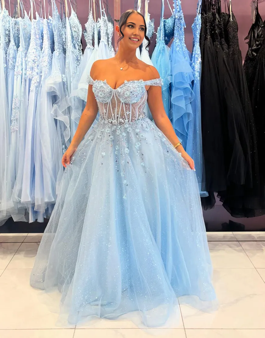 Wholesa A-Line Off the Shoulder Sparkly Sky Blue Corset Flowers Tulle formal dresses evening dress Long Prom Dress