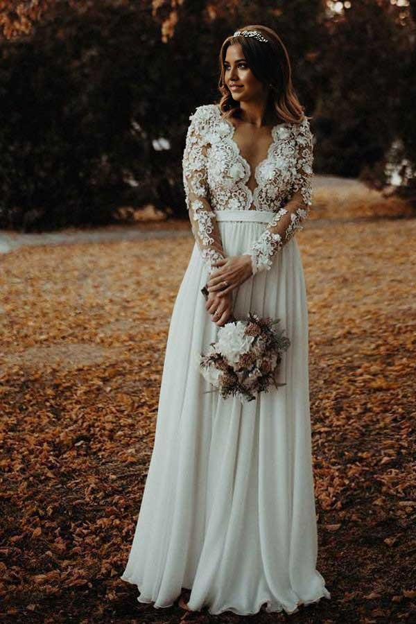 Wholesa A-Line V-Neck Floor Length Chiffon Wedding Dress with Appliques Flowers