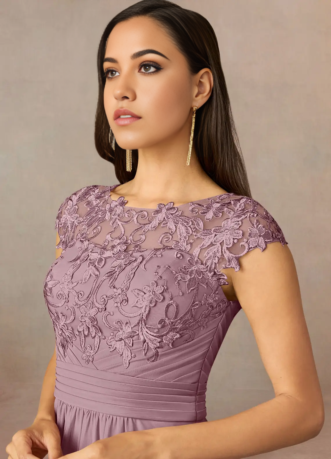 Wholesa A-Line Crew Neck Lace Dusty Rose formal dresses evening dress Mother of the Bride Dresses