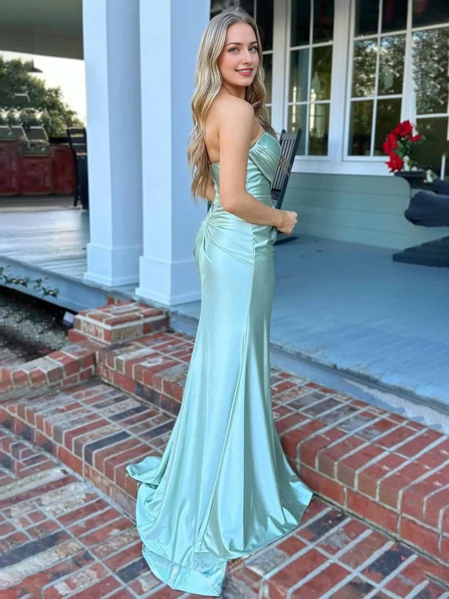Fashion Formal Women's Dresses Sage Mermaid Strapless Sleeveless Backless Pleats with Slit Bargain Long Prom Dress