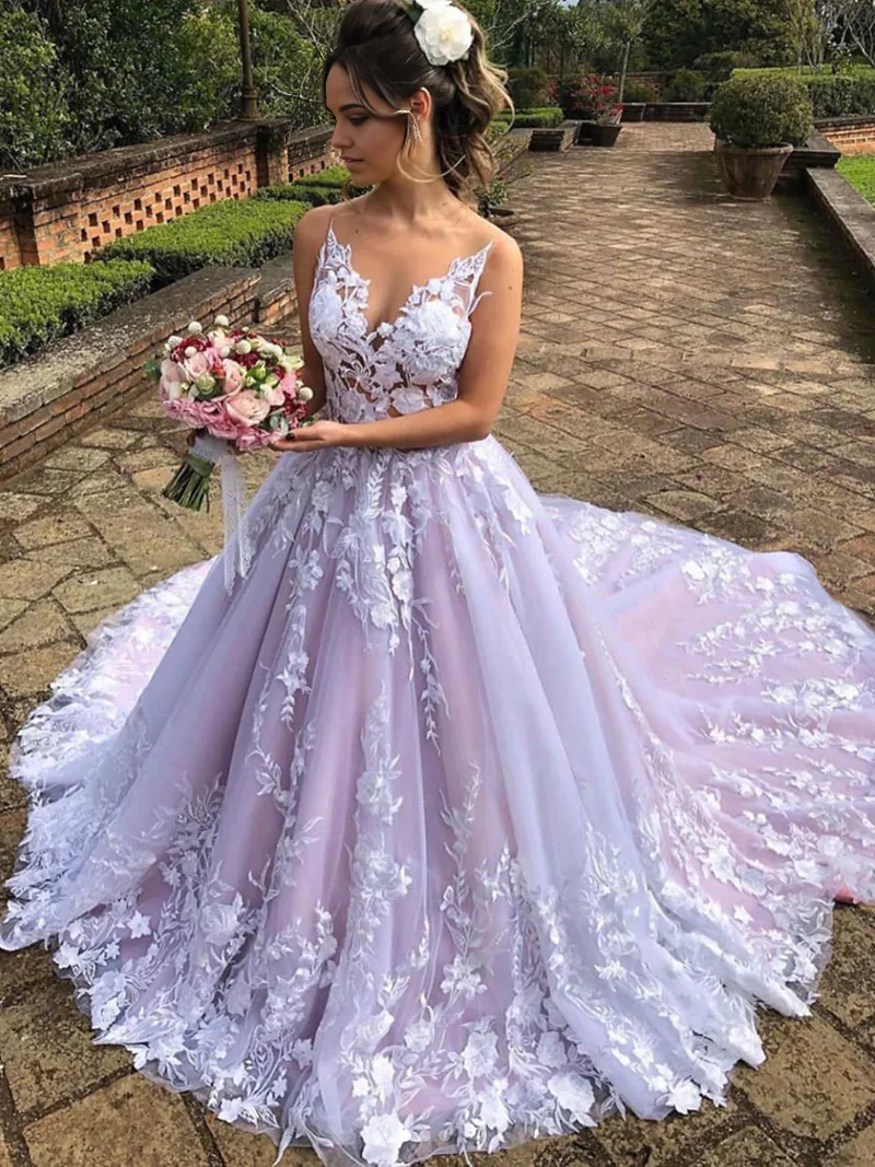 Wholesa A Line Sleeveless V-Neck Lace Wedding Dresses