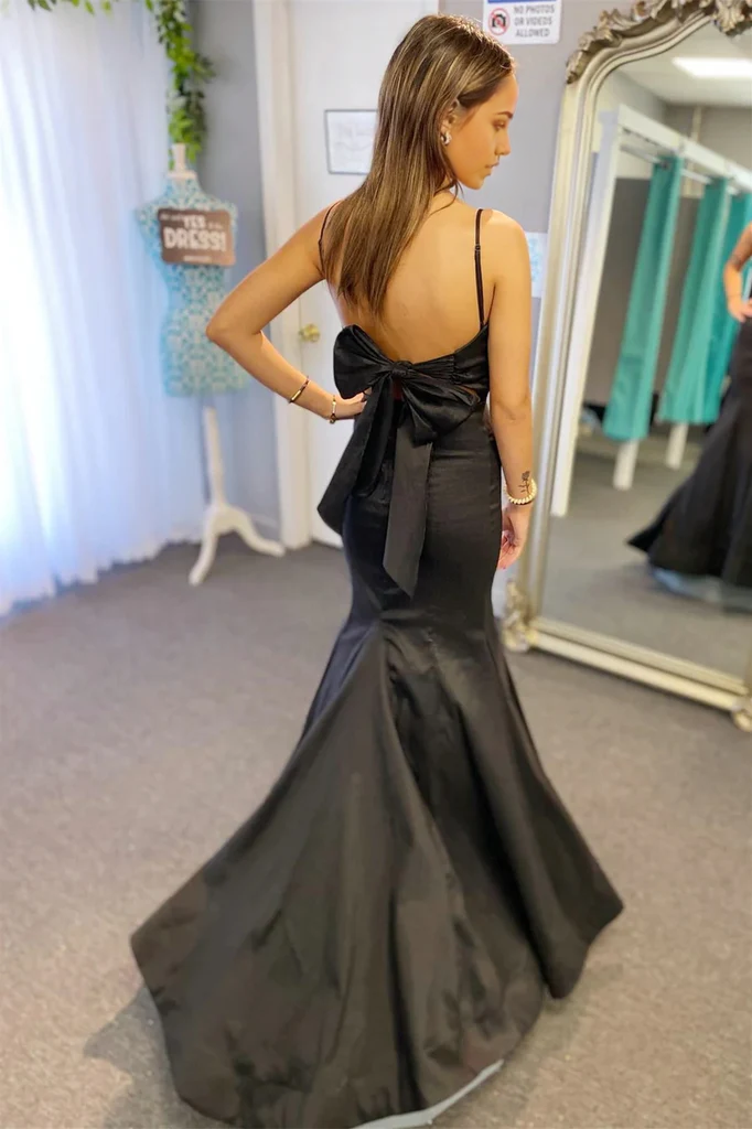 Wholesa Mermaid Black Surplice Pleated Straps Long Prom Dress Evening Dress with Bow