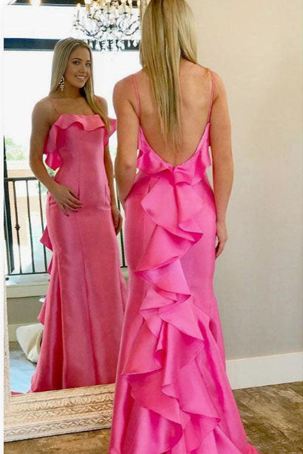 Wholesa Mermaid Spaghetti Straps Satin Pink Prom Dress With Ruffles