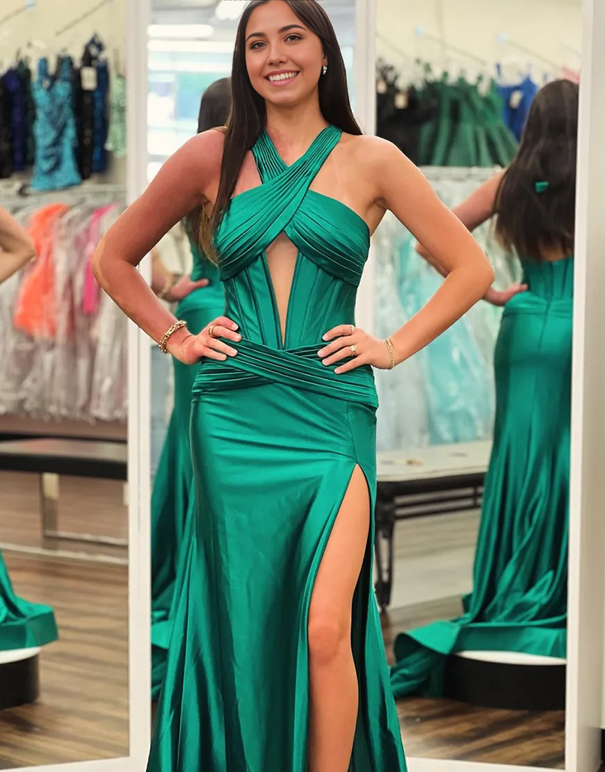 Wholesa Mermaid Halter Ruched Corset Satin Long Dark Green formal dresses evening gown Prom Dress with Slit