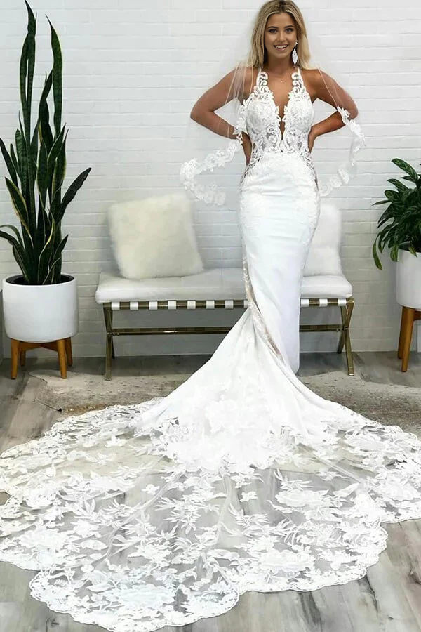 Wholesa Mermaid Gorgeous Deep V Neck Backless Lace Wedding Dresses