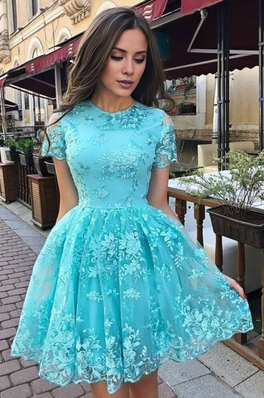 CNTNZ DRESS Hot Sale Homecoming Dress A Line Lace Charming Short Sleeves Retro Short Prom Dress