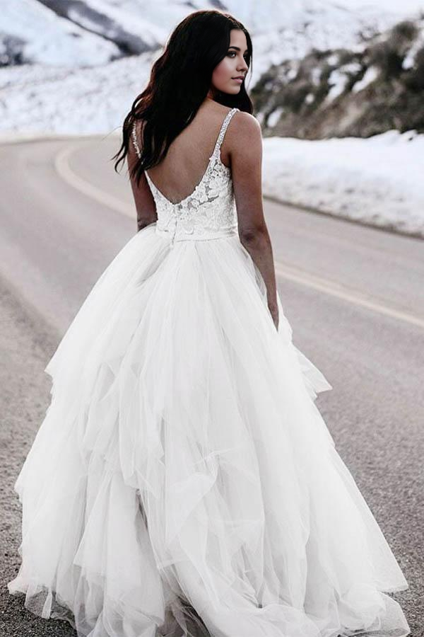 Wholesa A-Line Spaghetti Straps Asymetrical Wedding Dress with Lace