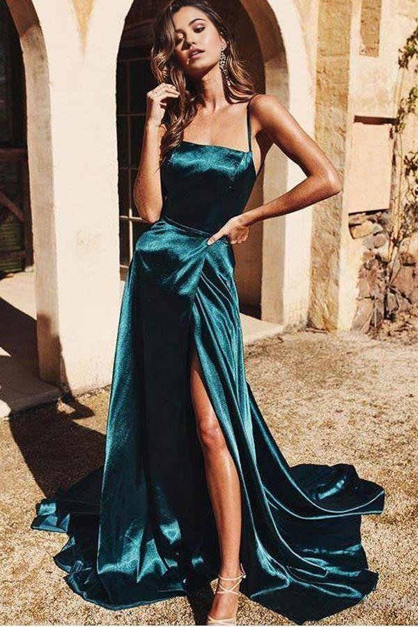 Wholesa A-line Spaghetti Straps Long Prom Dresses Formal Gowns