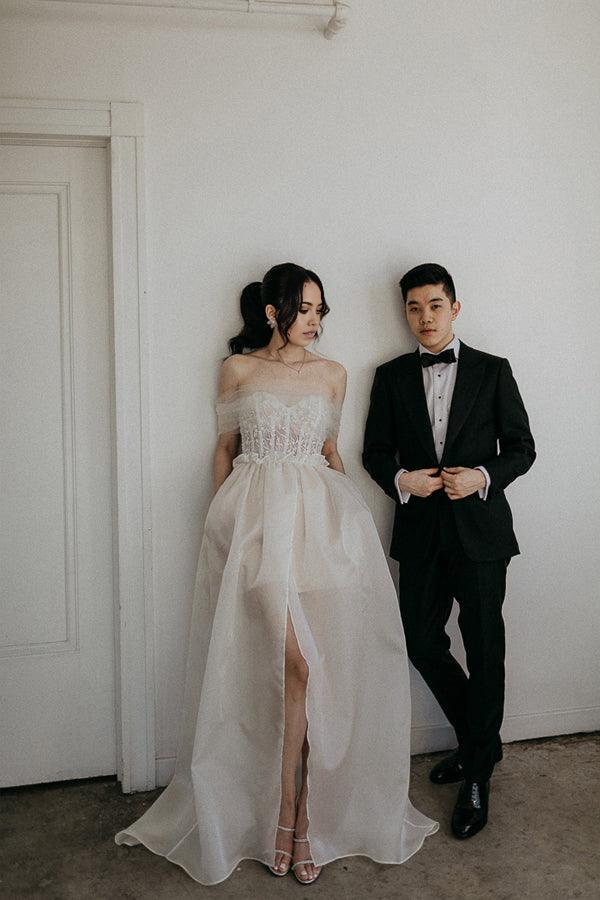 Wholesa A-line Off-the-shoulder satin lace slit wedding dress (no veil)
