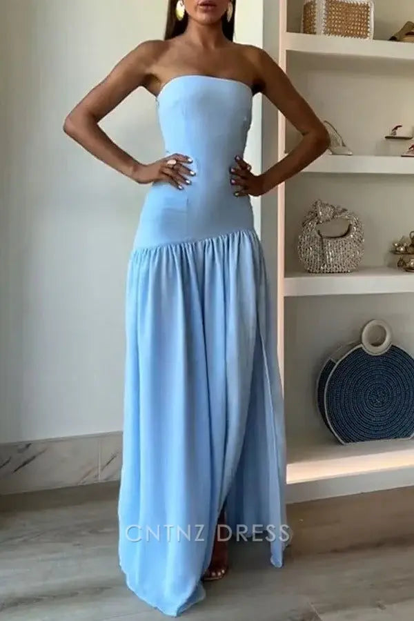 Wholesa Sheath Strapless Elegant Blue Pleated Slit formal dresses Bridesmaid Dresses evening gown Prom Dress