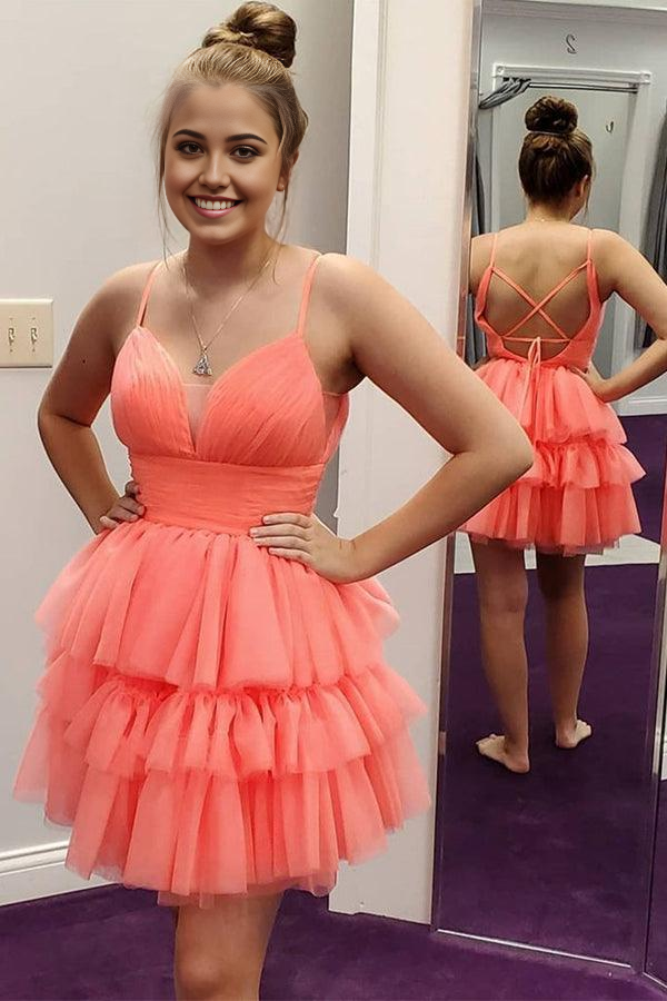 Wholesa A-line V Neck Layered Coral Short Prom Dresses Homecoming Dresses