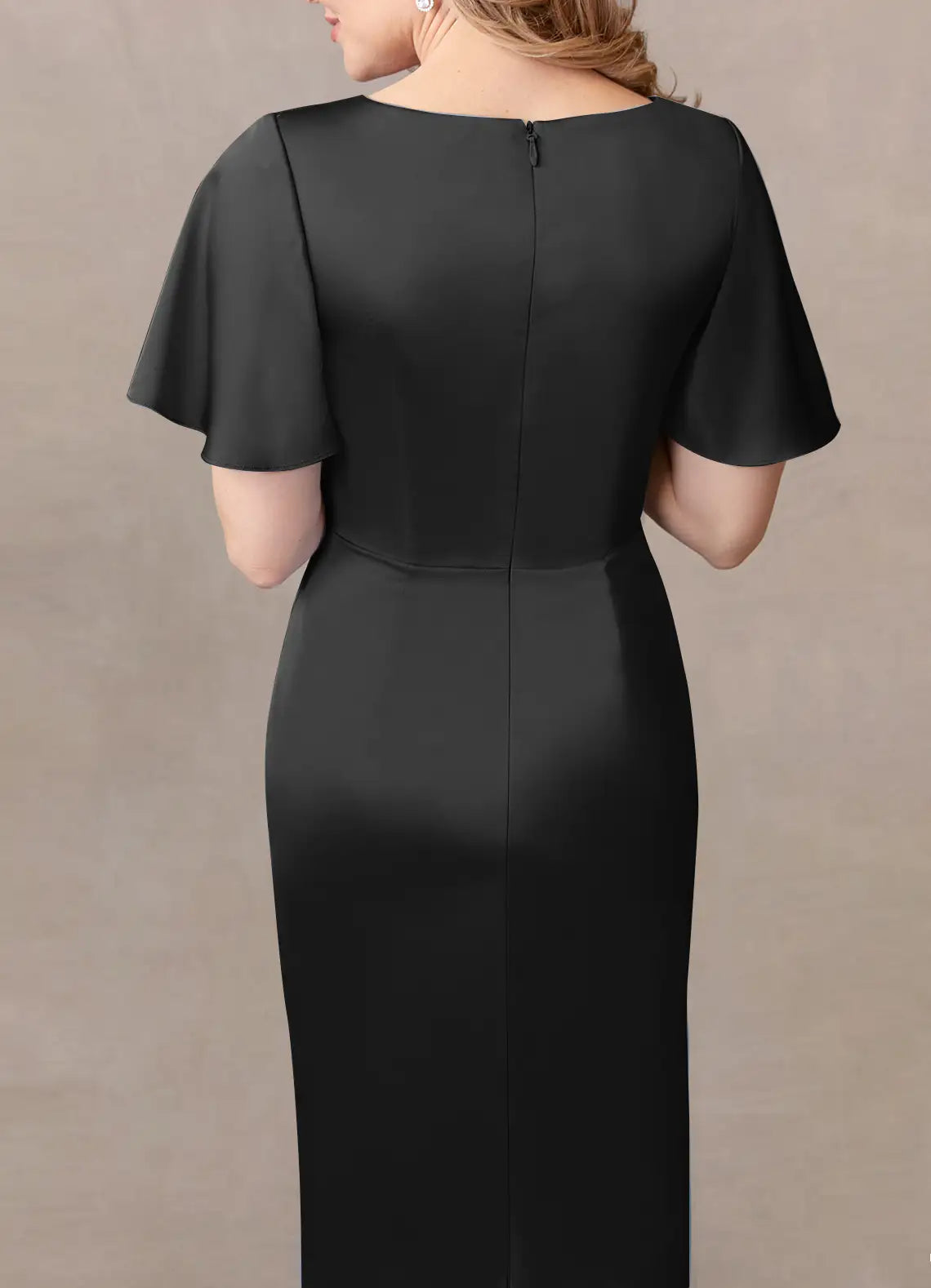 Wholesa Sheath Crew Neck Pleated Tea Length Satin Black formal dresses evening dress Mother of the Bride Dresses