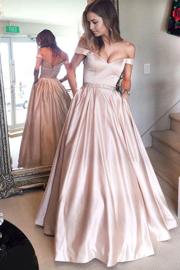 Wholesa A-line Off the Shoulder Simple Floor Length Prom Dresses Evening Dresses