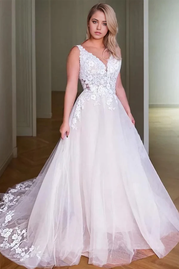 Wholesa A-line Princess V-Neck Appliques Sweep Train Wedding Dresses With Lace