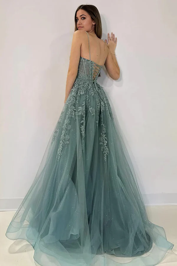 Wholesa A-Line V Neck Tulle Lace Long Prom Dress
