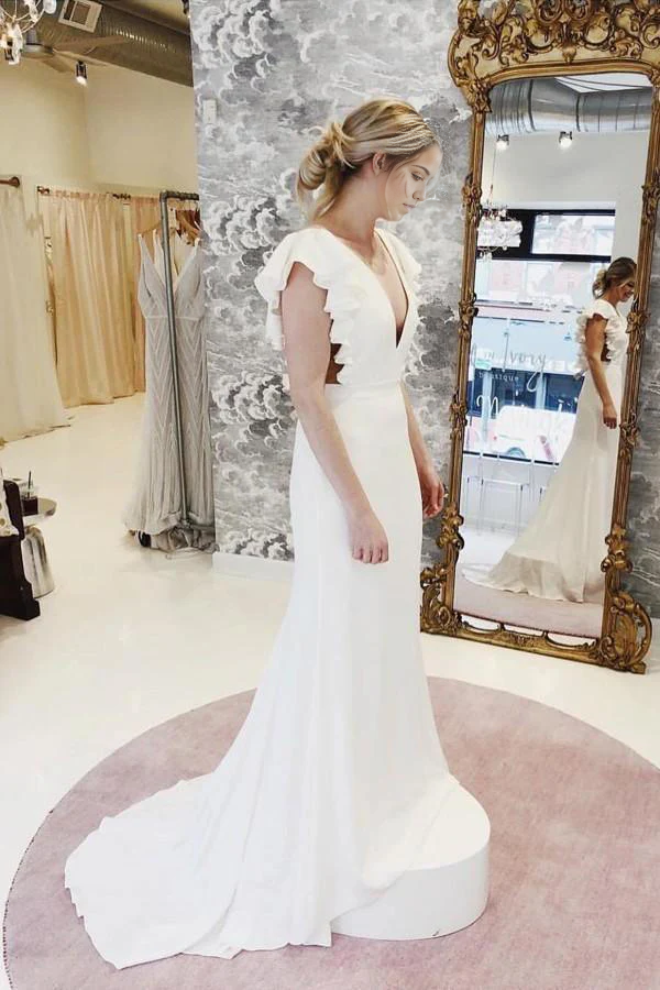 Wholesa Mermaid V-Neck Cap Sleeves Wedding Dress with Ruffles