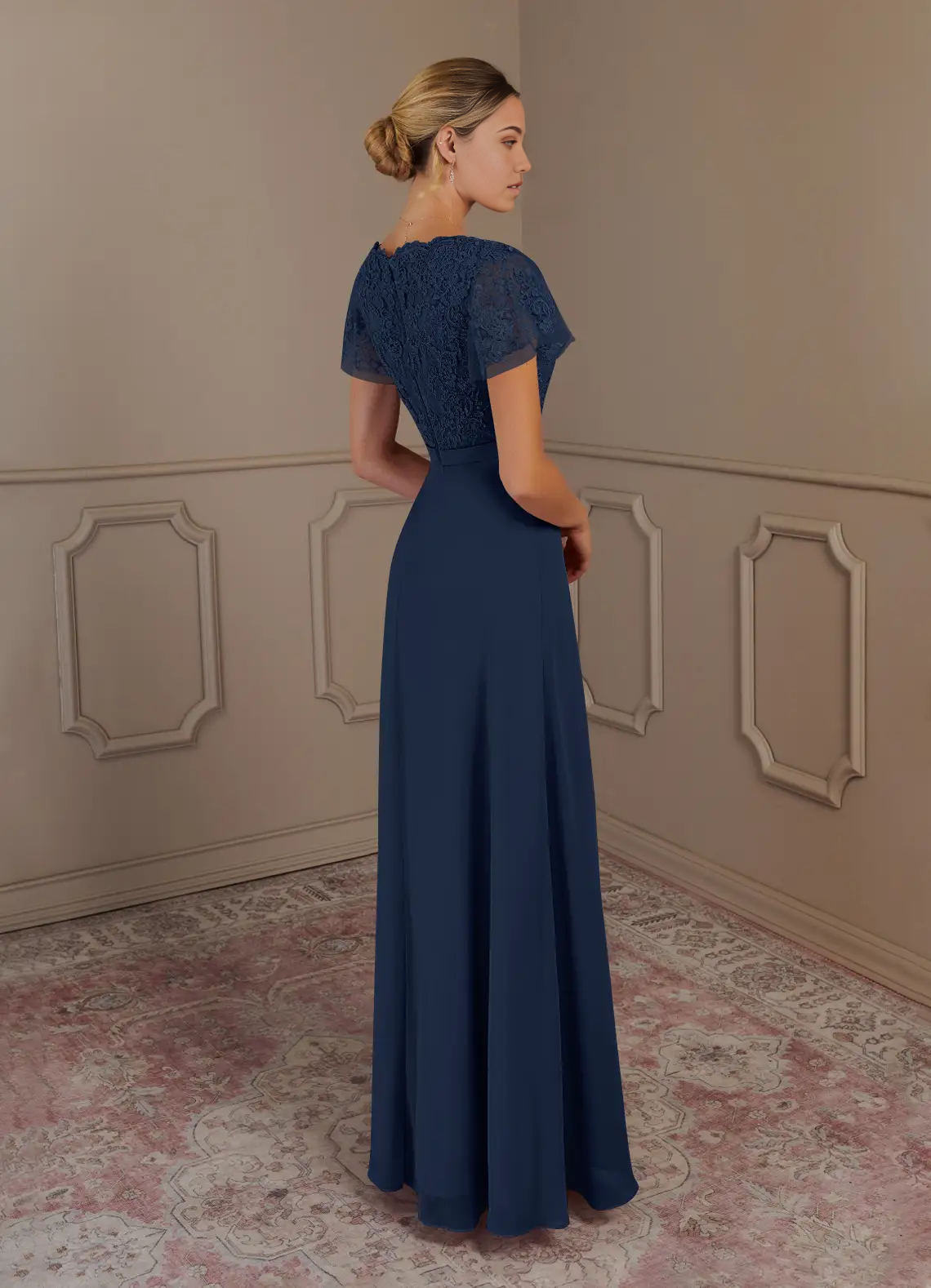Wholesa A-Line V-Neck Lace Chiffon Dark Navy Mother of the Bride Dresses