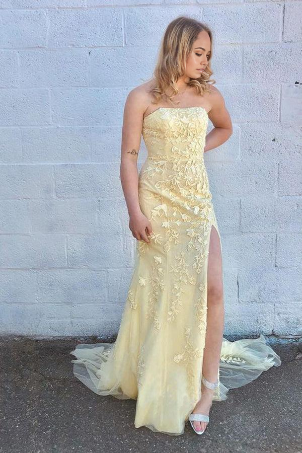 Wholesa Mermaid Strapless Sky Blue Split Prom Dresses Formal Dress With Lace