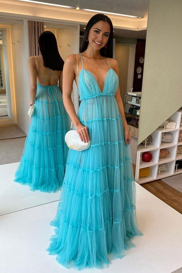 Wholesa A-line V Neck Tulle Long Prom Dress Blue Tulle Formal Dress