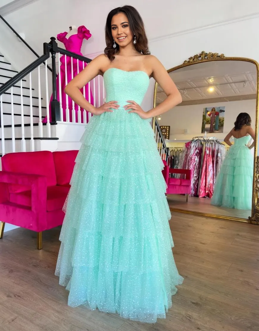 Wholesa A-Line Strapless Ruffles Tulle Sky Blue Long formal dresses evening gown Prom Dress with Slit