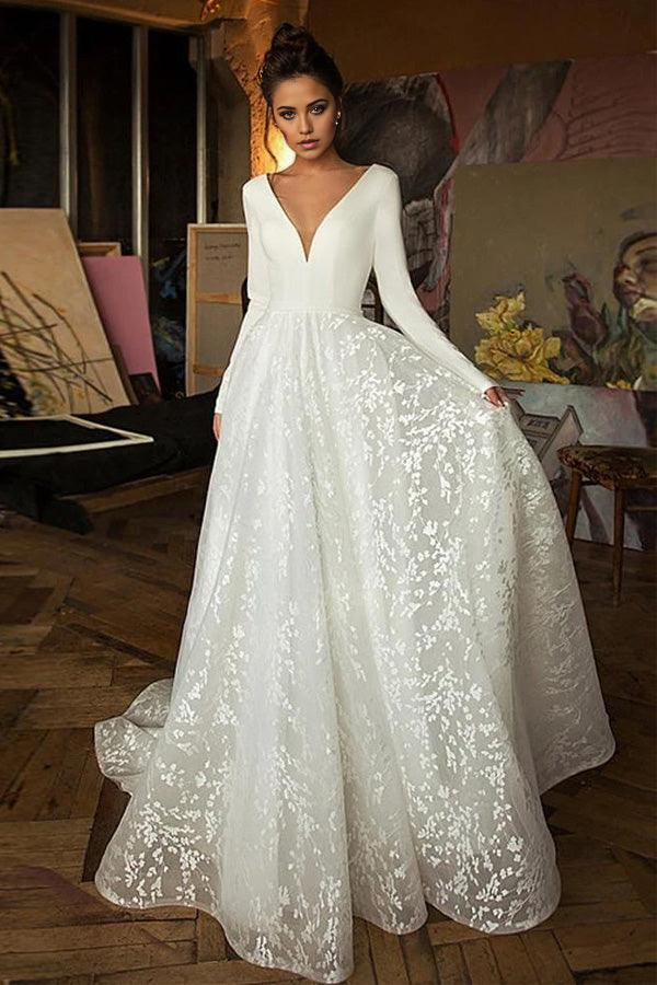 Wholesa Beach A Line V Neck Elegant Long Sleeves Wedding Dress Bridal Gown