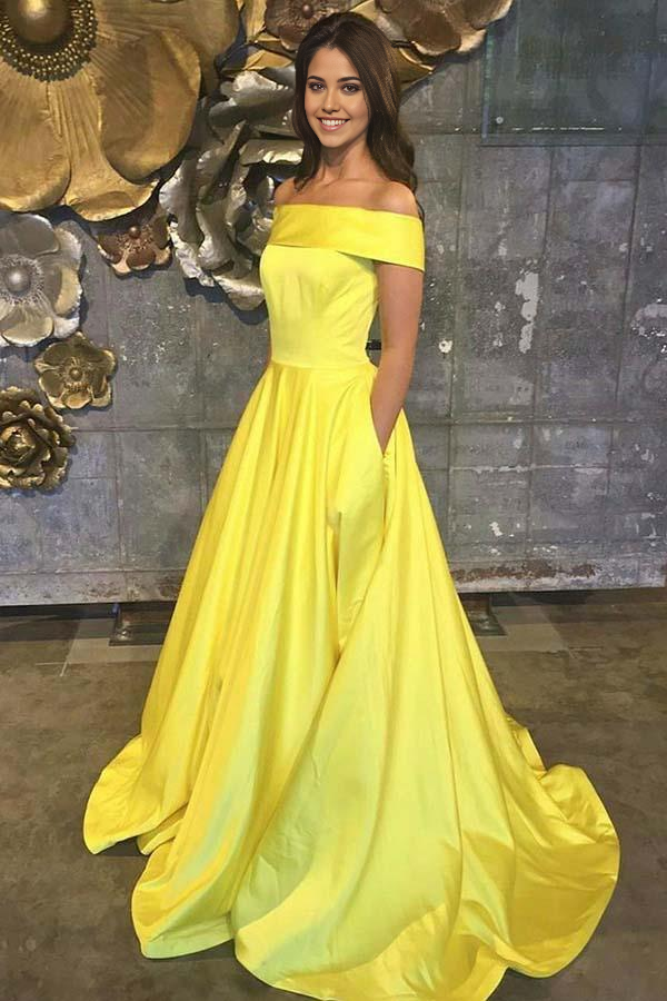 Wholesa A-line Off The Shoulder Yellow Satin Sleeveless Prom Dress with Pockets