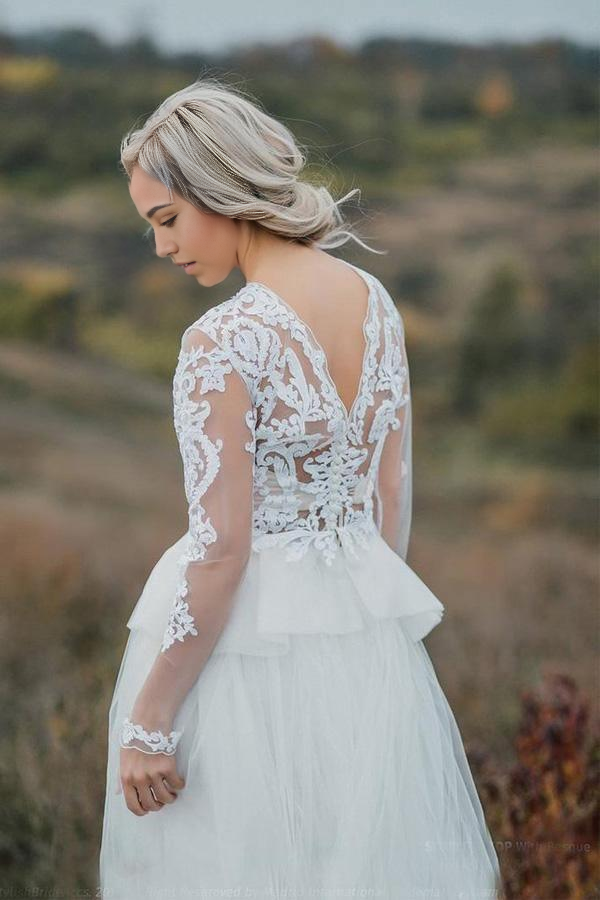 Wholesa Boho A-line V Back Bridal Lace Gown Separates Wedding Dress