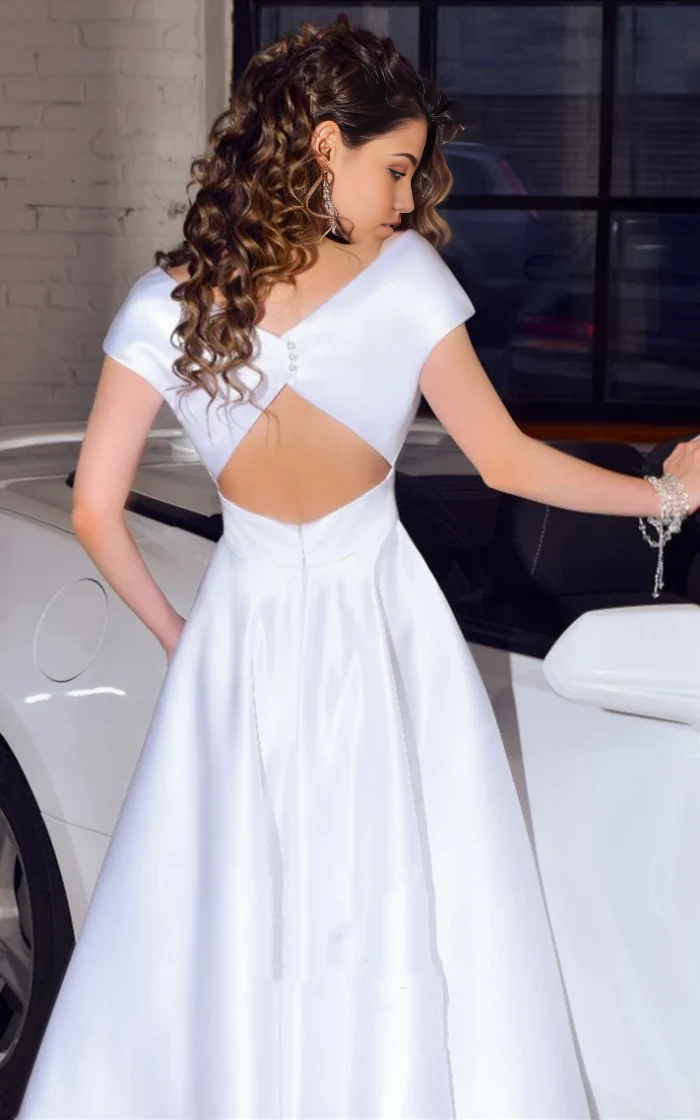 Wholesa A Line V-neck Satin Tea-length Wedding Dress with Sash