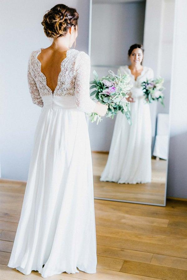 Wholesa A-line Through Backless 3/4 Sleeve See Lace Chiffon Wedding Dresses