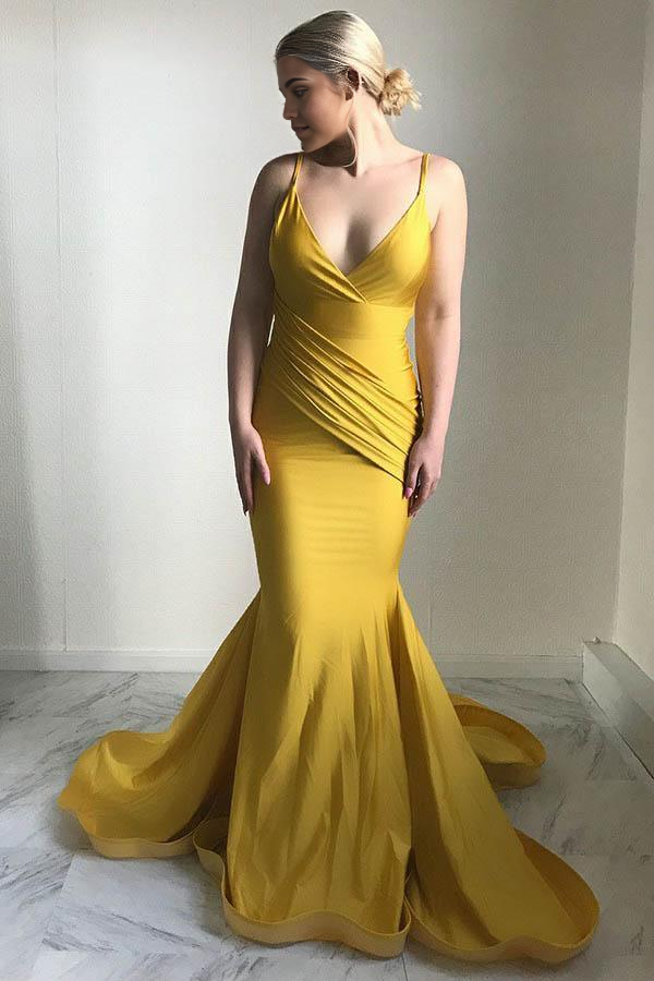 Wholesa Mermaid Spaghetti Straps Sweep Train Ruched Satin Yellow Prom Dress