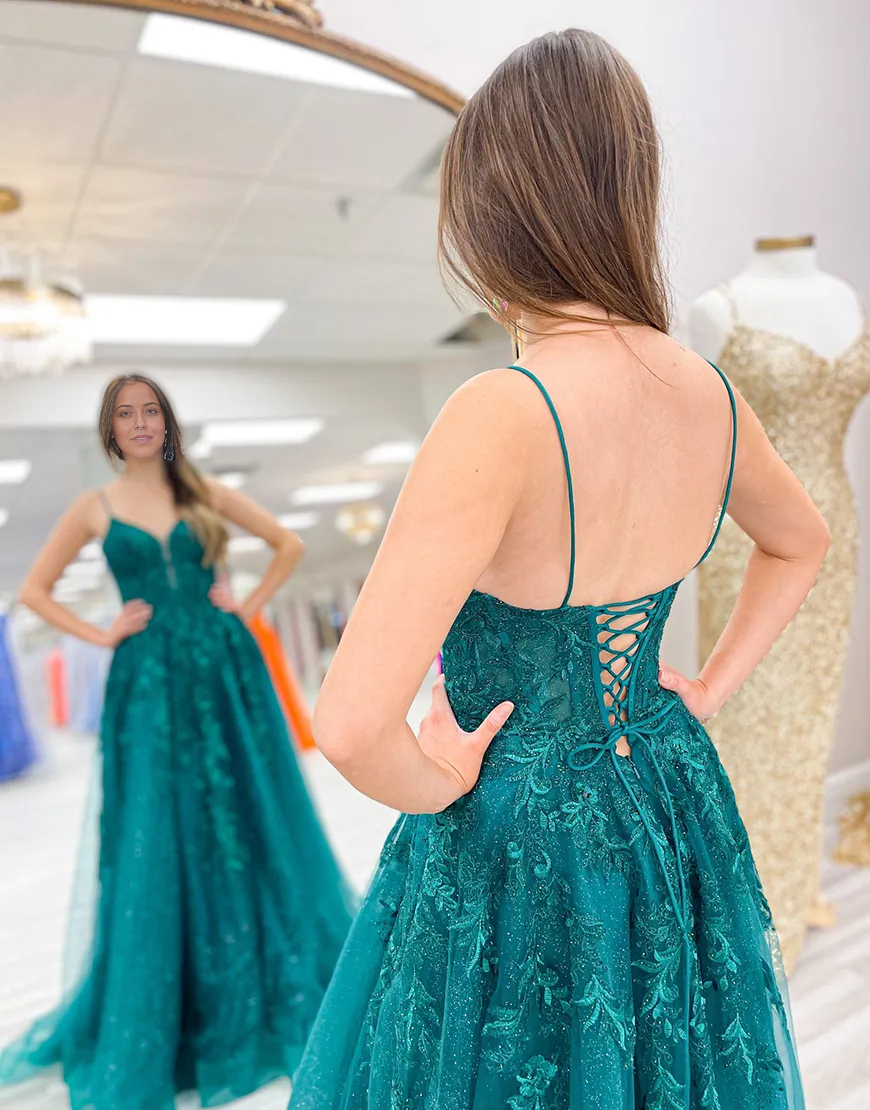 Wholesa A-Line Sparkly Spaghetti Straps Corset Tulle Emerald Green Long formal dresses evening gown Prom Dress with Appliques