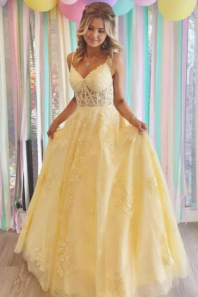 Wholesa A-line V-Neck Appliques Yellow Long Prom Dress Formal Dress