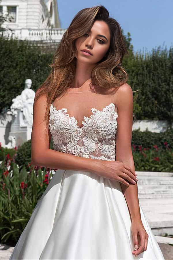 Wholesa A-line Satin Neckline Wedding Dress With Pockets Lace Appliques