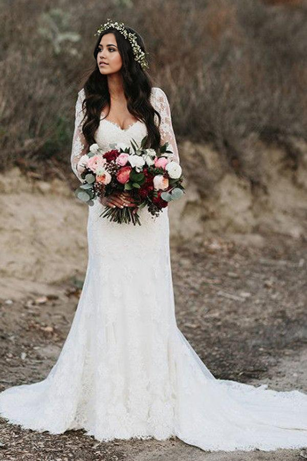 Wholesa Mermaid V Neck Long Sleeve Lace Bridal Gown Wedding Dress