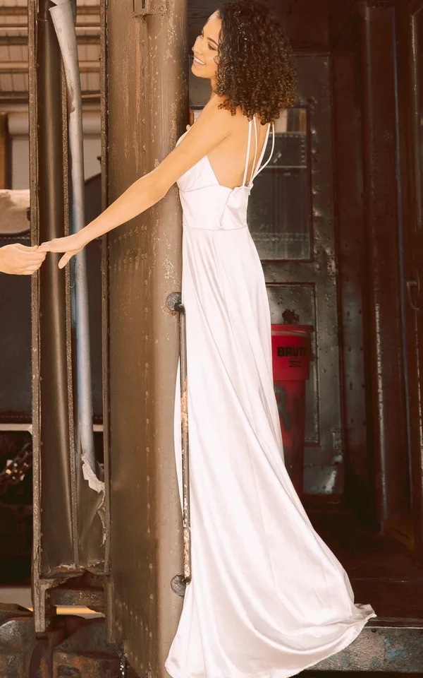 Wholesa A-Line Plunging Neckline Elegant Satin Wedding Dress With Open Back Split Front