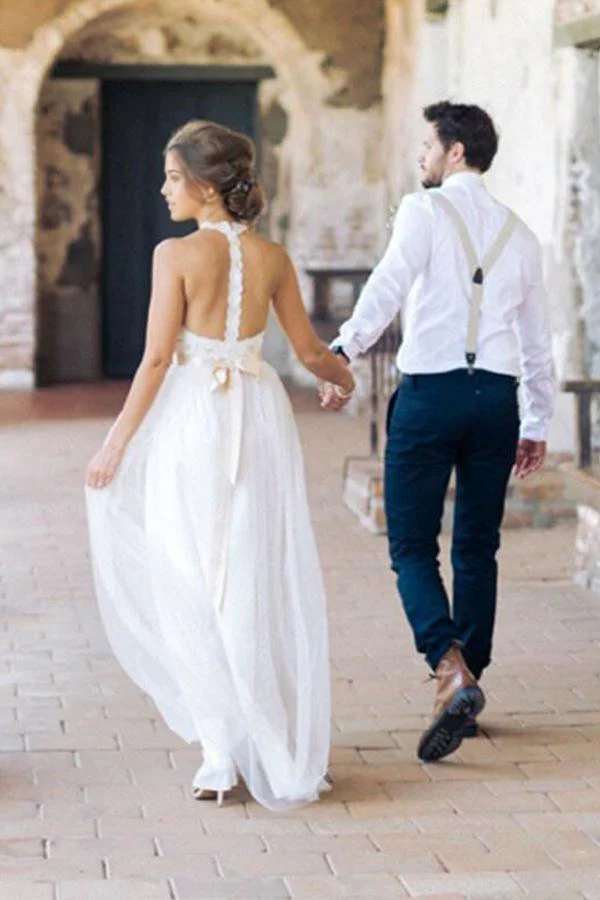 Wholesa Simple Floor-Length Jewel Sleeveless Lace Top Wedding Dress