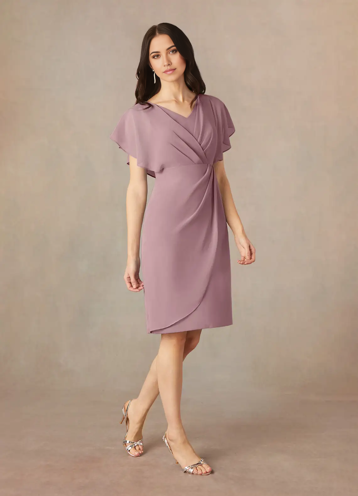 Wholesa Sheath V-Neck Pleated Chiffon Dusty Rose Tea Length formal dresses evening dress Mother of the Bride Dresses