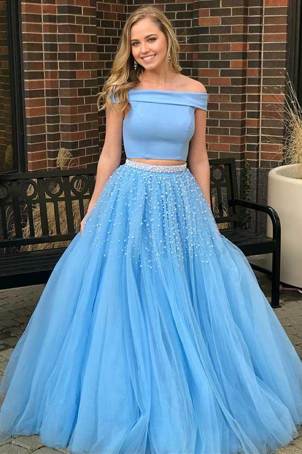 Wholesa Two Piece Open Back Tulle Blue Prom Dress with Beading