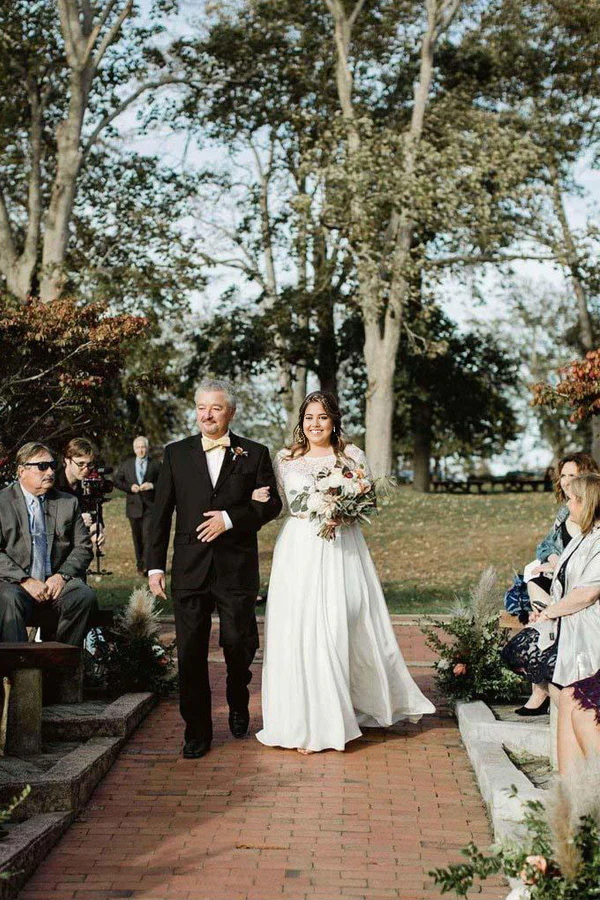 Wholesa Plus Size Lace Top Ivory Chiffon Wedding Dresses with Long Sleeves