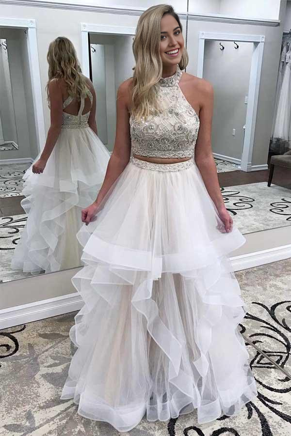 Wholesa Two Piece Gorgeous High Neck Tulle Ivory Long Prom Dress With Beads